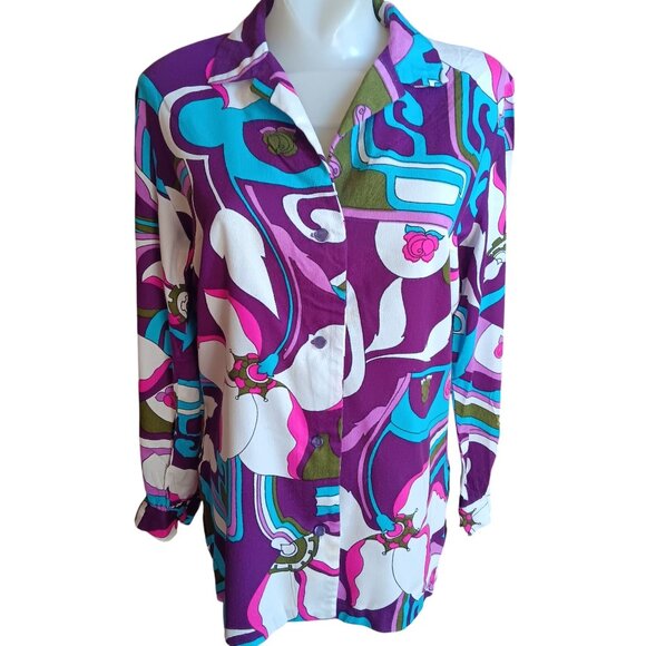 Large Vintage 70s Psychedelic Print Blouse Abstract Floral Groovy Granny Hippie - Picture 2 of 9